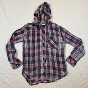 Roxy Womens Pink Navy Blue Plaid Hooded Flannel Snap Front Shirt Small Grunge